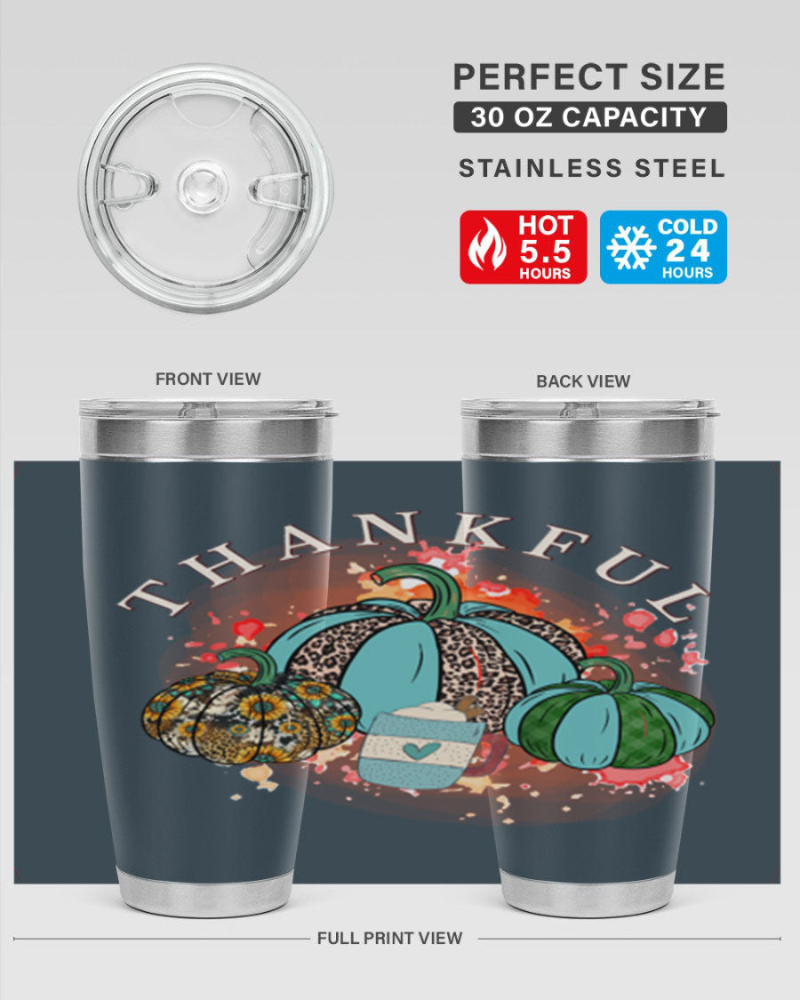 Happy Thanksgiving 20oz Tumbler made of stainless steel with a festive design, perfect for keeping drinks hot or cold.