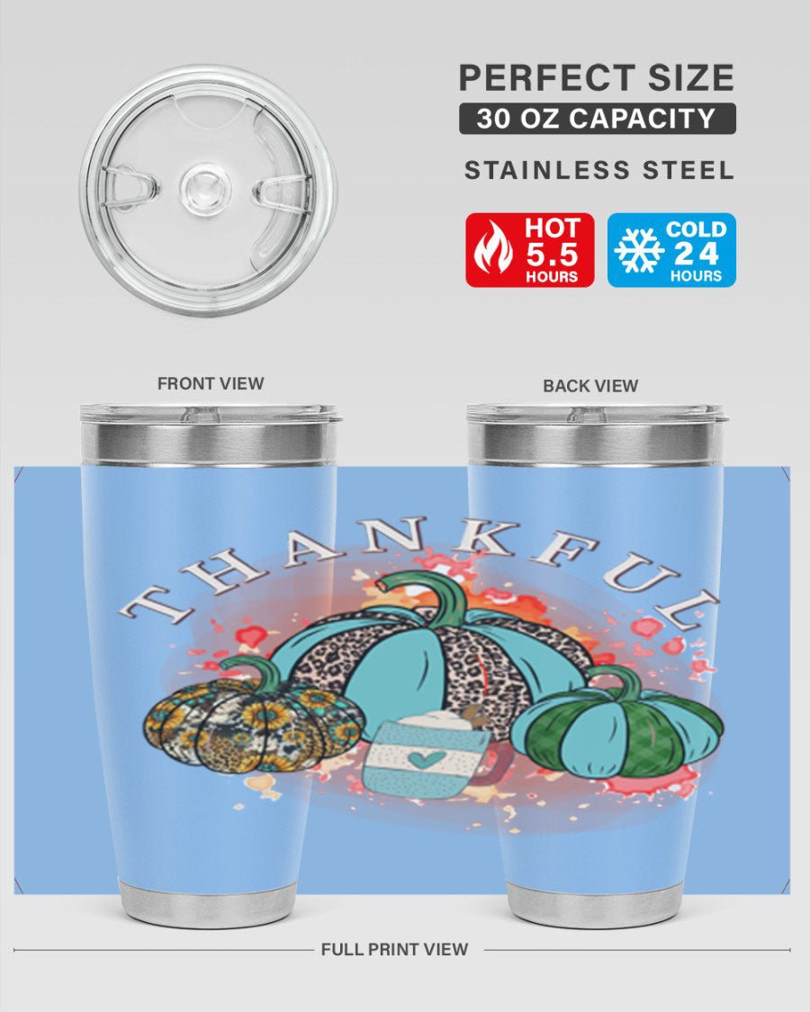 Happy Thanksgiving 20oz Tumbler made of stainless steel with a festive design, perfect for keeping drinks hot or cold.