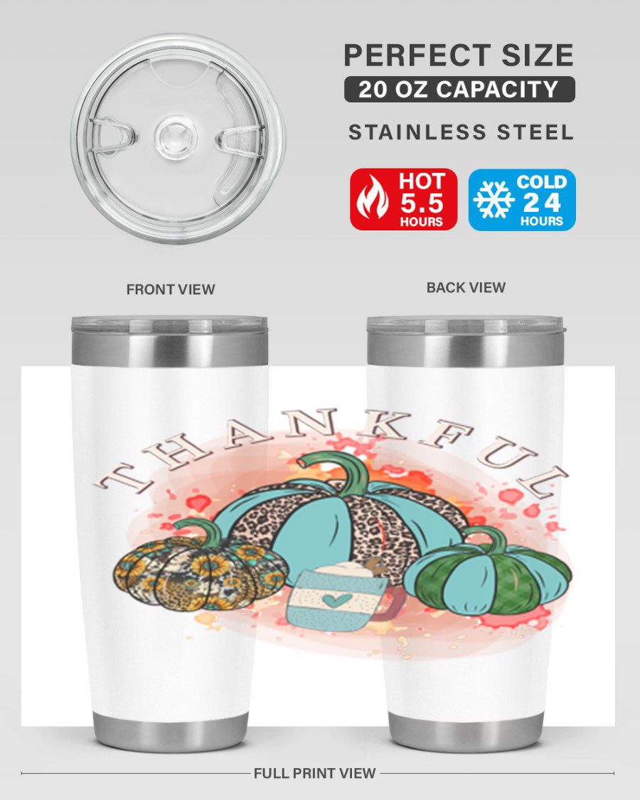 Happy Thanksgiving 20oz Tumbler made of stainless steel with a festive design, perfect for keeping drinks hot or cold.