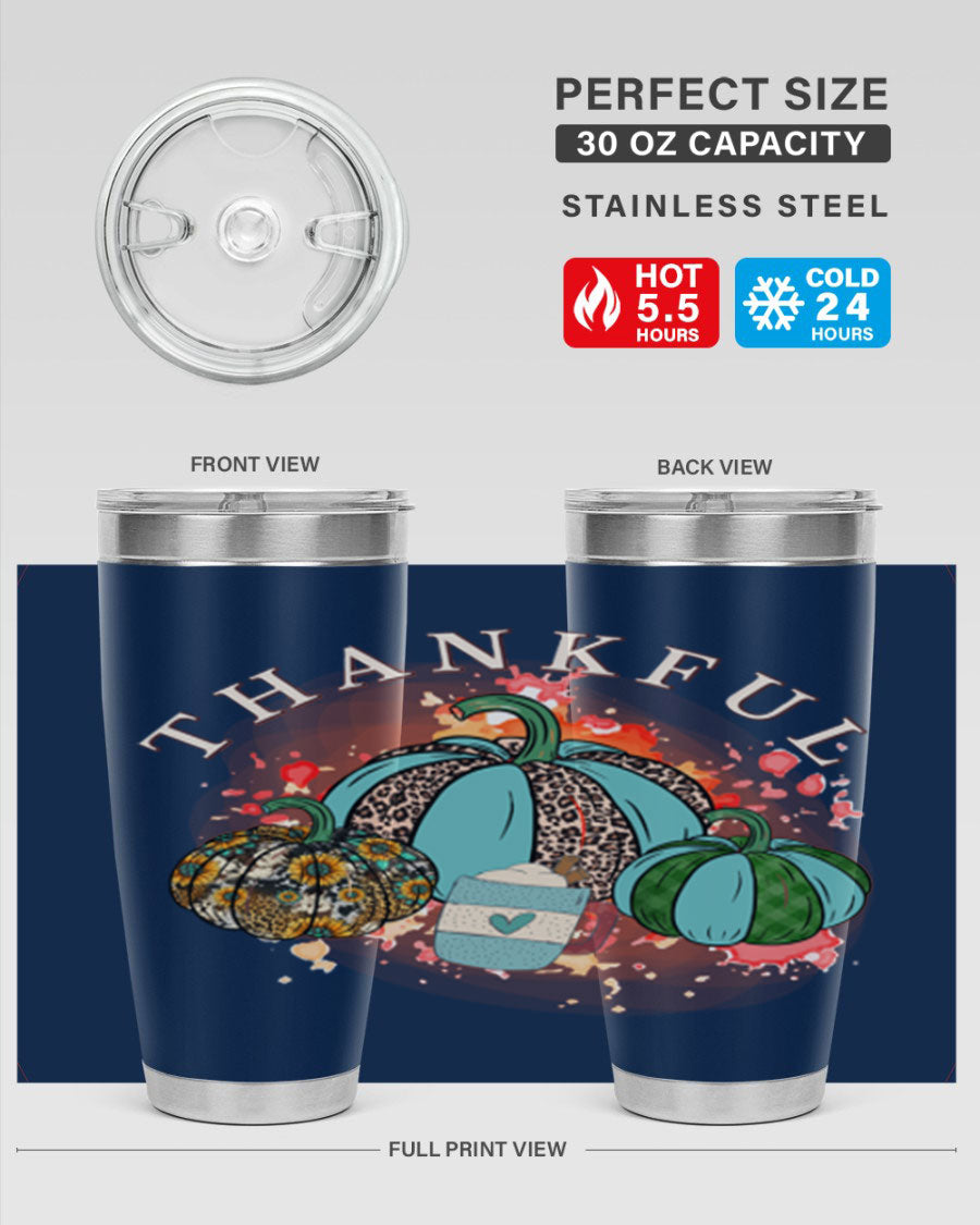 Happy Thanksgiving 20oz Tumbler made of stainless steel with a festive design, perfect for keeping drinks hot or cold.