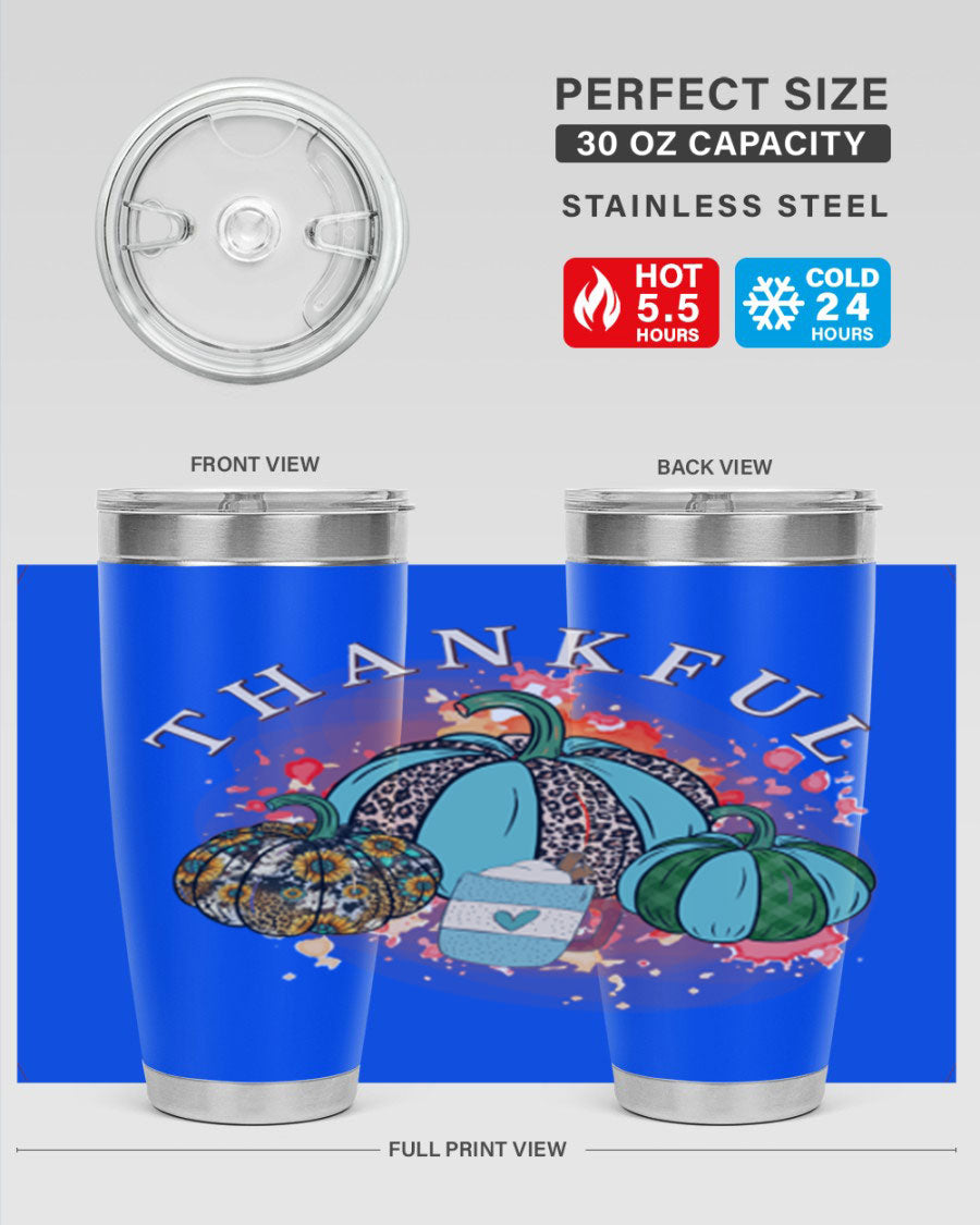 Happy Thanksgiving 20oz Tumbler made of stainless steel with a festive design, perfect for keeping drinks hot or cold.