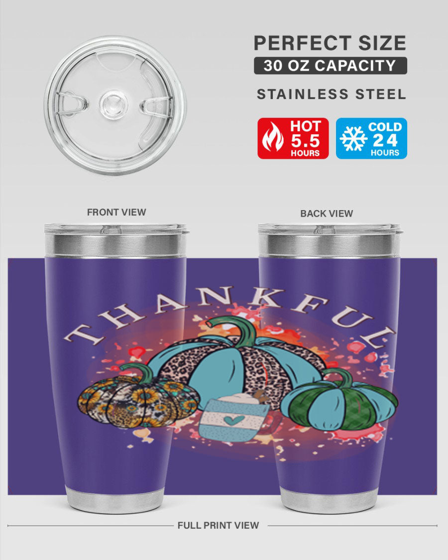 Happy Thanksgiving 20oz Tumbler made of stainless steel with a festive design, perfect for keeping drinks hot or cold.