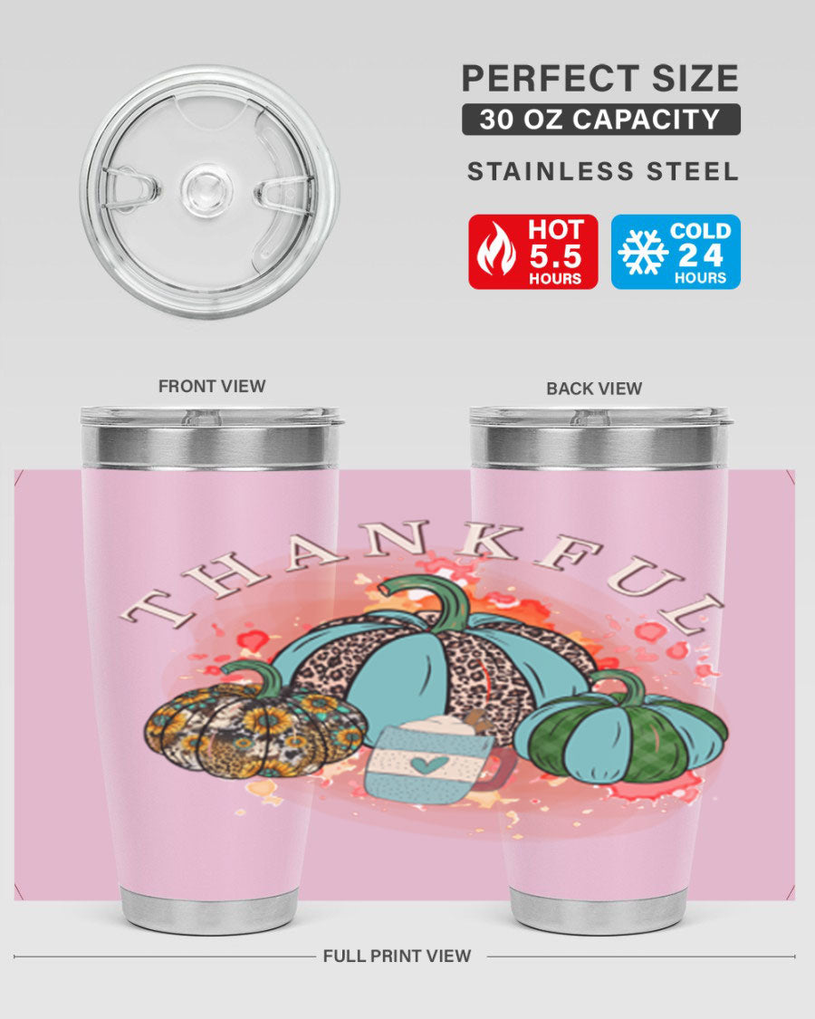 Happy Thanksgiving 20oz Tumbler made of stainless steel with a festive design, perfect for keeping drinks hot or cold.