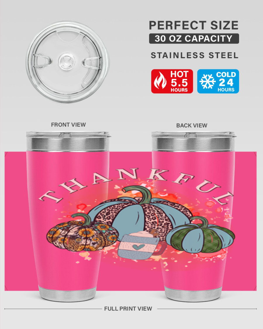 Happy Thanksgiving 20oz Tumbler made of stainless steel with a festive design, perfect for keeping drinks hot or cold.