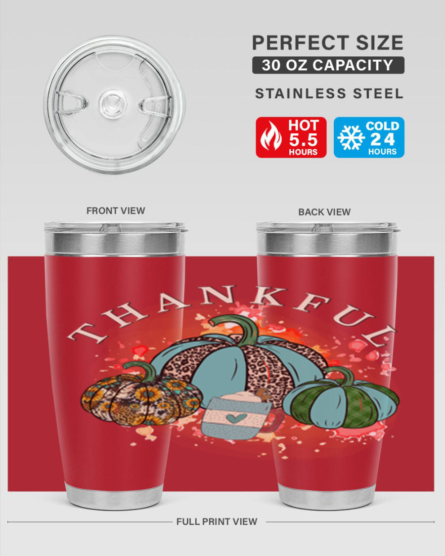 Happy Thanksgiving 20oz Tumbler made of stainless steel with a festive design, perfect for keeping drinks hot or cold.