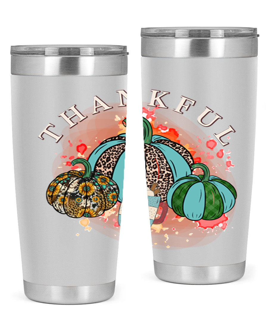 Happy Thanksgiving 20oz Tumbler made of stainless steel with a festive design, perfect for keeping drinks hot or cold.