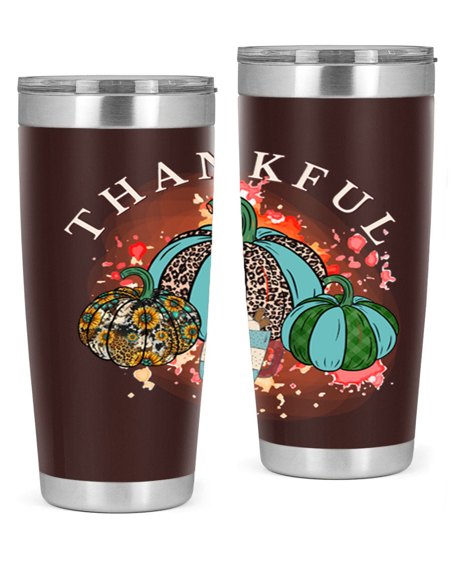 Happy Thanksgiving 20oz Tumbler made of stainless steel with a festive design, perfect for keeping drinks hot or cold.