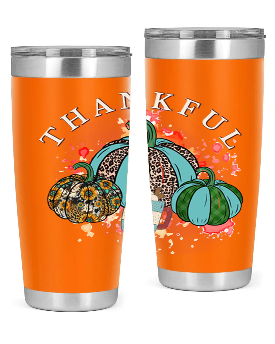 Happy Thanksgiving 20oz Tumbler made of stainless steel with a festive design, perfect for keeping drinks hot or cold.