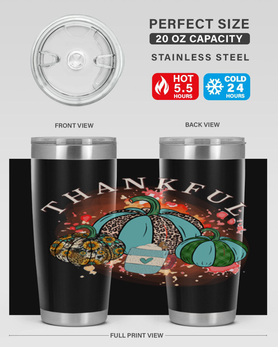 Happy Thanksgiving 20oz Tumbler made of stainless steel with a festive design, perfect for keeping drinks hot or cold.