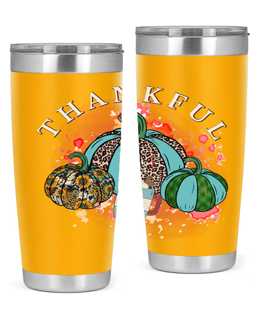 Happy Thanksgiving 20oz Tumbler made of stainless steel with a festive design, perfect for keeping drinks hot or cold.