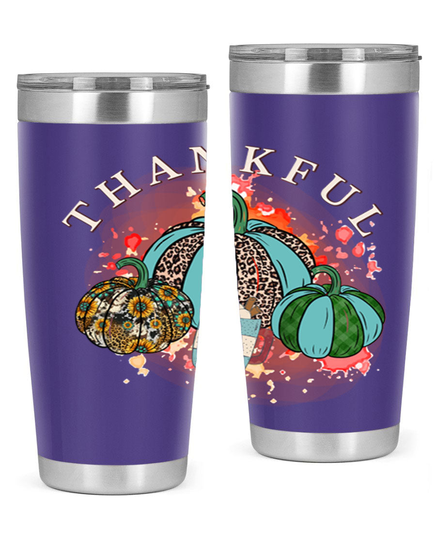 Happy Thanksgiving 20oz Tumbler made of stainless steel with a festive design, perfect for keeping drinks hot or cold.