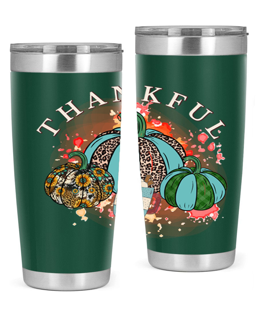 Happy Thanksgiving 20oz Tumbler made of stainless steel with a festive design, perfect for keeping drinks hot or cold.