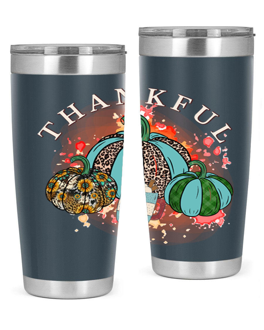 Happy Thanksgiving 20oz Tumbler made of stainless steel with a festive design, perfect for keeping drinks hot or cold.