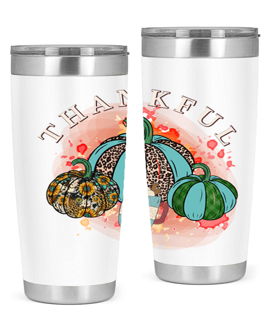Happy Thanksgiving 20oz Tumbler made of stainless steel with a festive design, perfect for keeping drinks hot or cold.