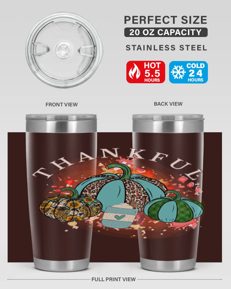 Happy Thanksgiving 20oz Tumbler made of stainless steel with a festive design, perfect for keeping drinks hot or cold.