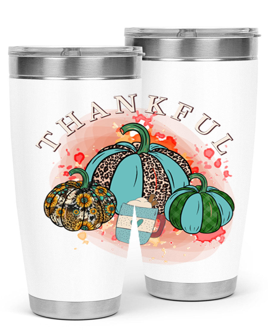 Happy Thanksgiving 20oz Tumbler made of stainless steel with a festive design, perfect for keeping drinks hot or cold.