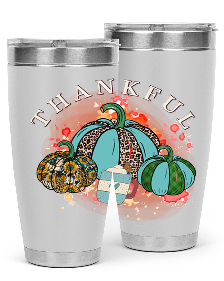 Happy Thanksgiving 20oz Tumbler made of stainless steel with a festive design, perfect for keeping drinks hot or cold.