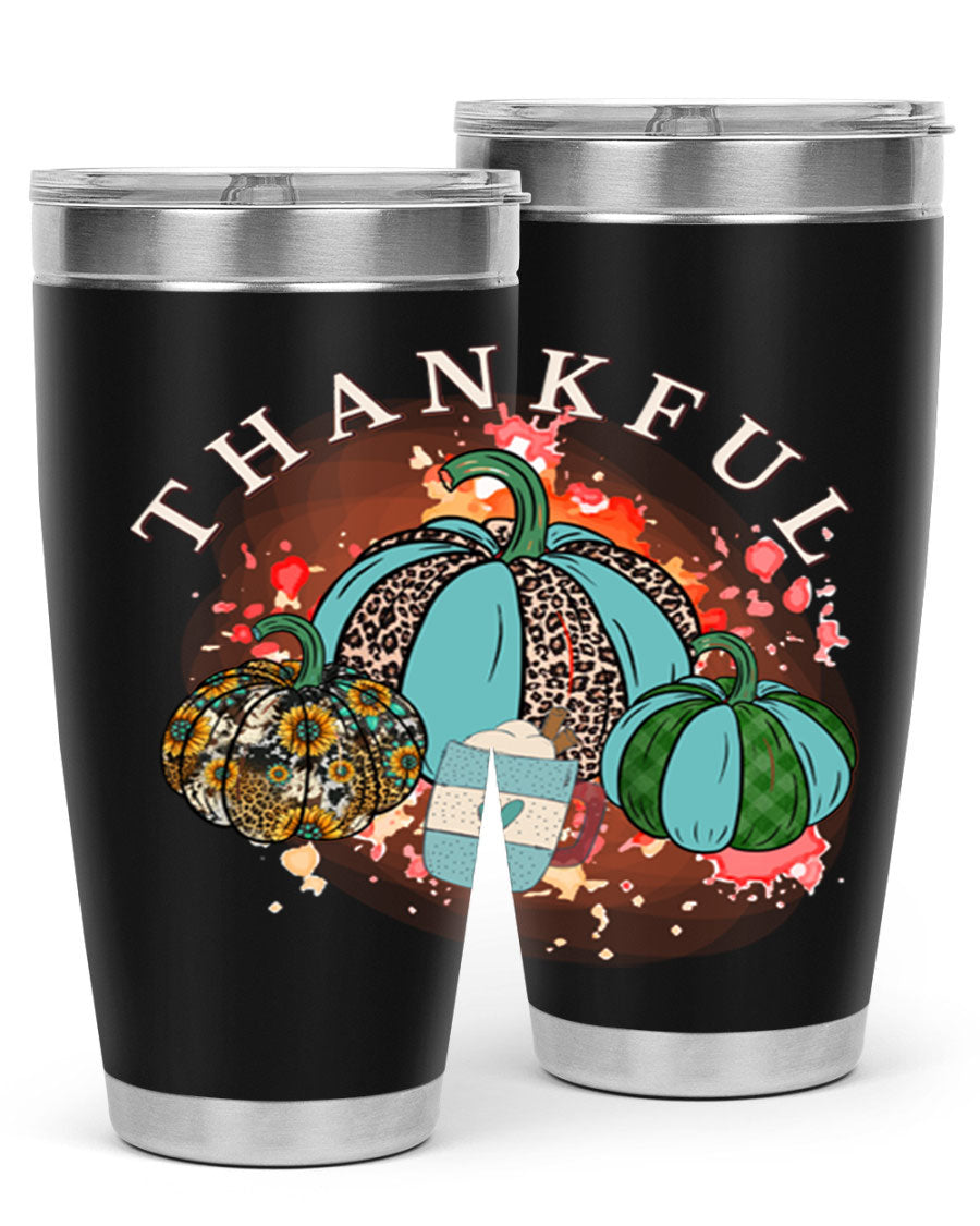 Happy Thanksgiving 20oz Tumbler made of stainless steel with a festive design, perfect for keeping drinks hot or cold.