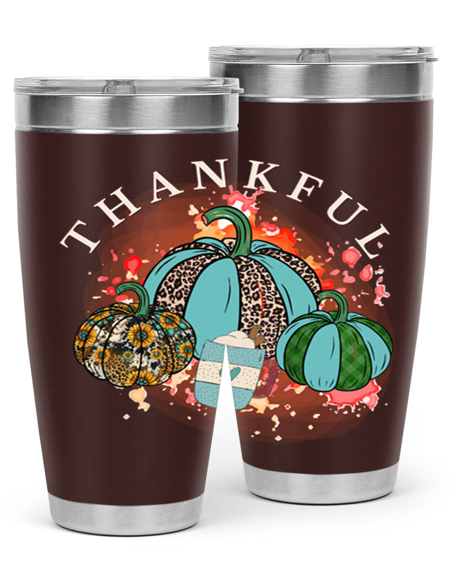Happy Thanksgiving 20oz Tumbler made of stainless steel with a festive design, perfect for keeping drinks hot or cold.