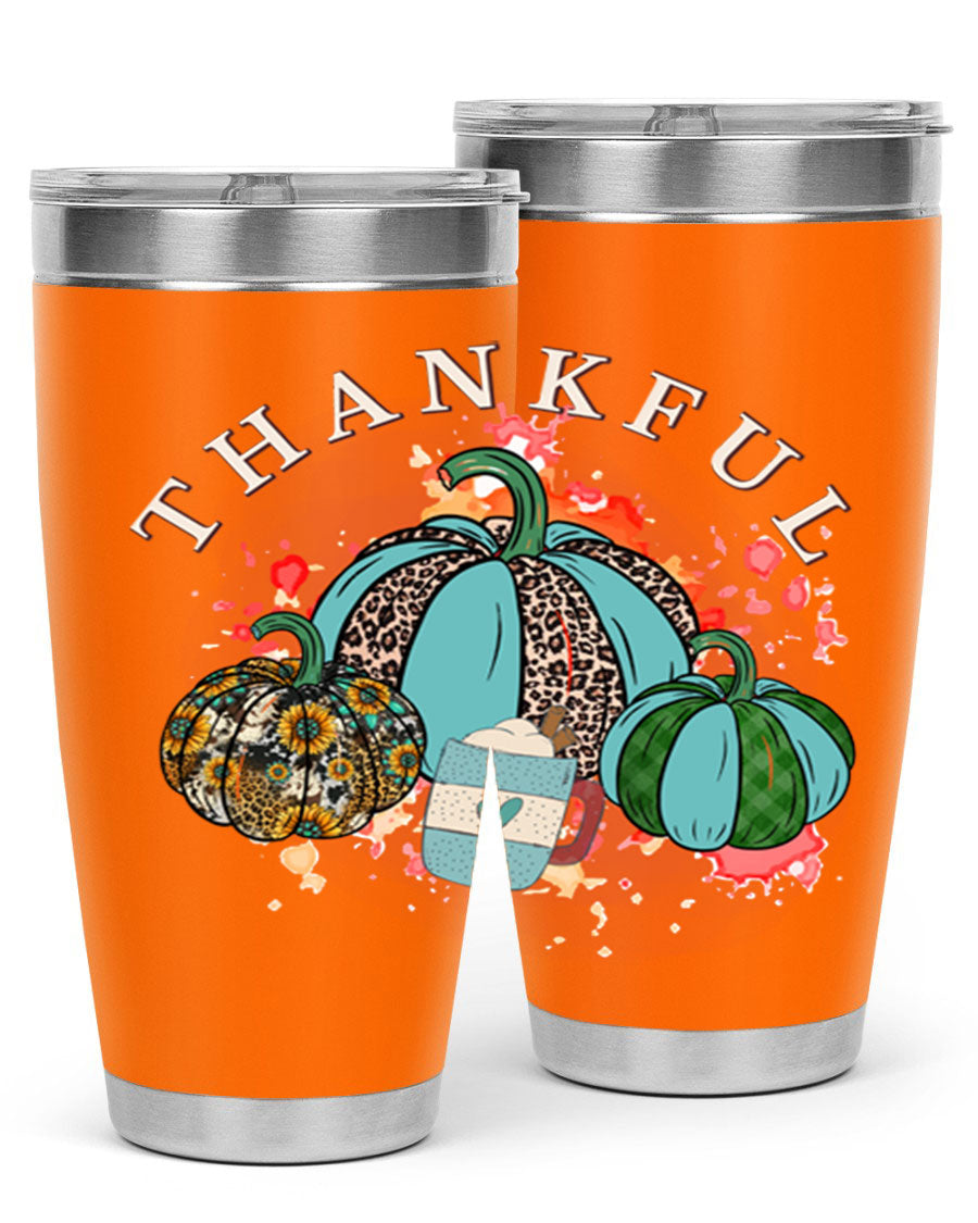 Happy Thanksgiving 20oz Tumbler made of stainless steel with a festive design, perfect for keeping drinks hot or cold.