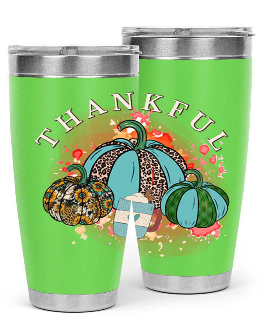 Happy Thanksgiving 20oz Tumbler made of stainless steel with a festive design, perfect for keeping drinks hot or cold.