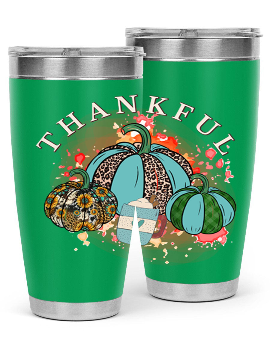 Happy Thanksgiving 20oz Tumbler made of stainless steel with a festive design, perfect for keeping drinks hot or cold.