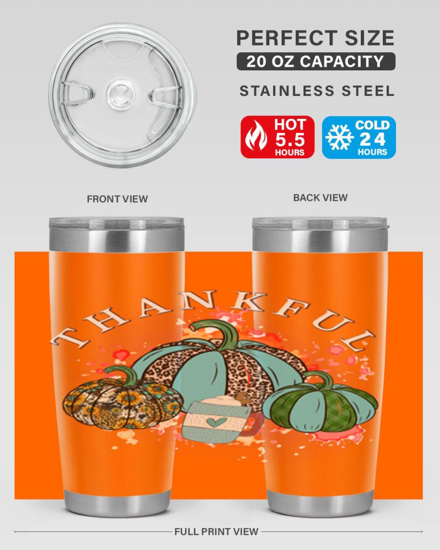 Happy Thanksgiving 20oz Tumbler made of stainless steel with a festive design, perfect for keeping drinks hot or cold.