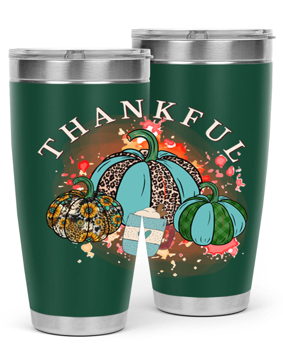 Happy Thanksgiving 20oz Tumbler made of stainless steel with a festive design, perfect for keeping drinks hot or cold.