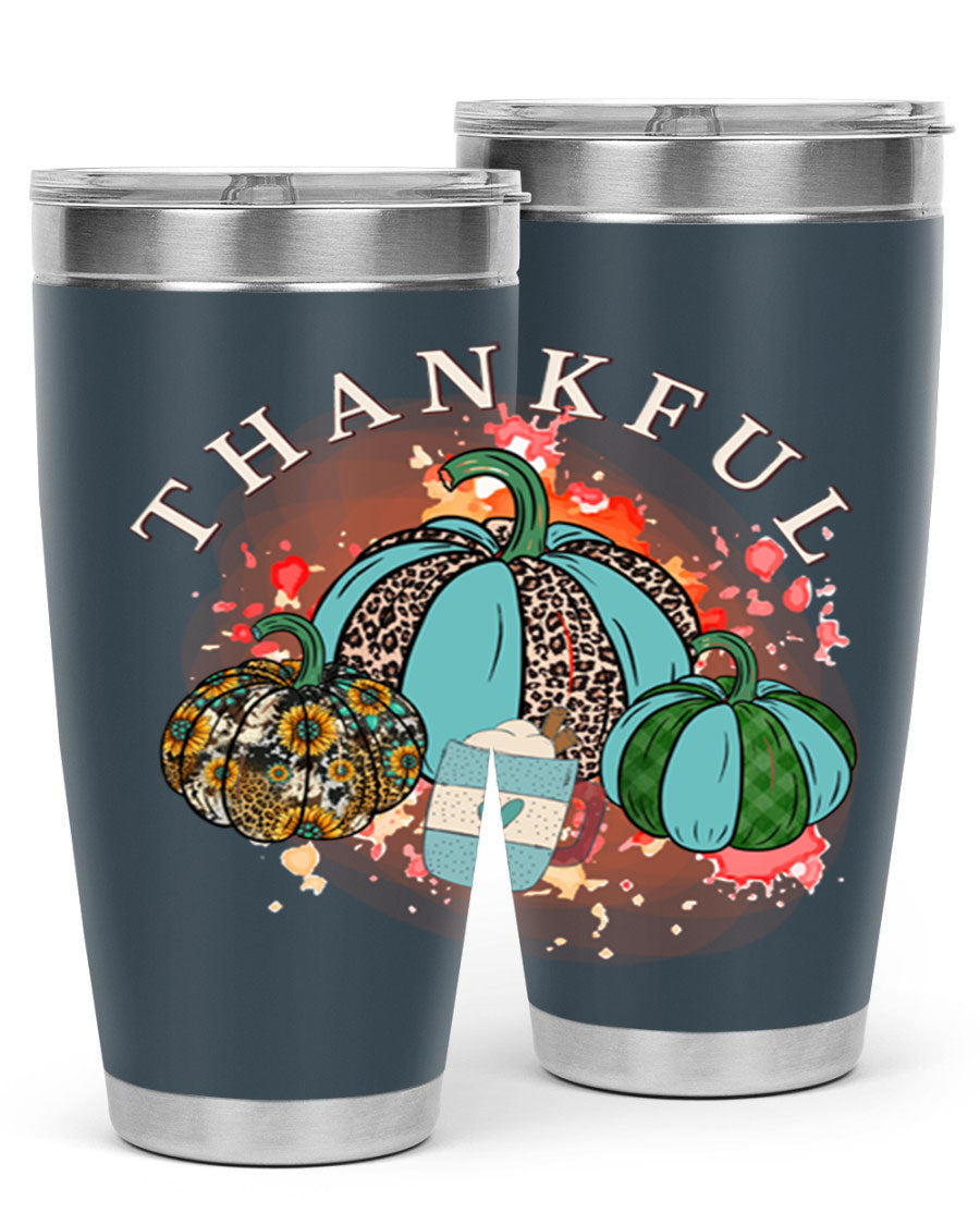 Happy Thanksgiving 20oz Tumbler made of stainless steel with a festive design, perfect for keeping drinks hot or cold.