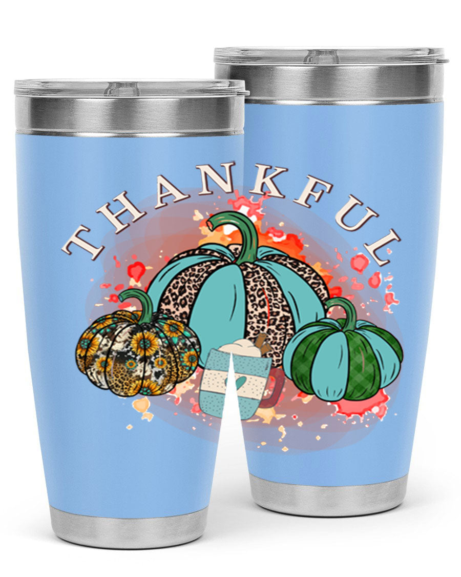 Happy Thanksgiving 20oz Tumbler made of stainless steel with a festive design, perfect for keeping drinks hot or cold.