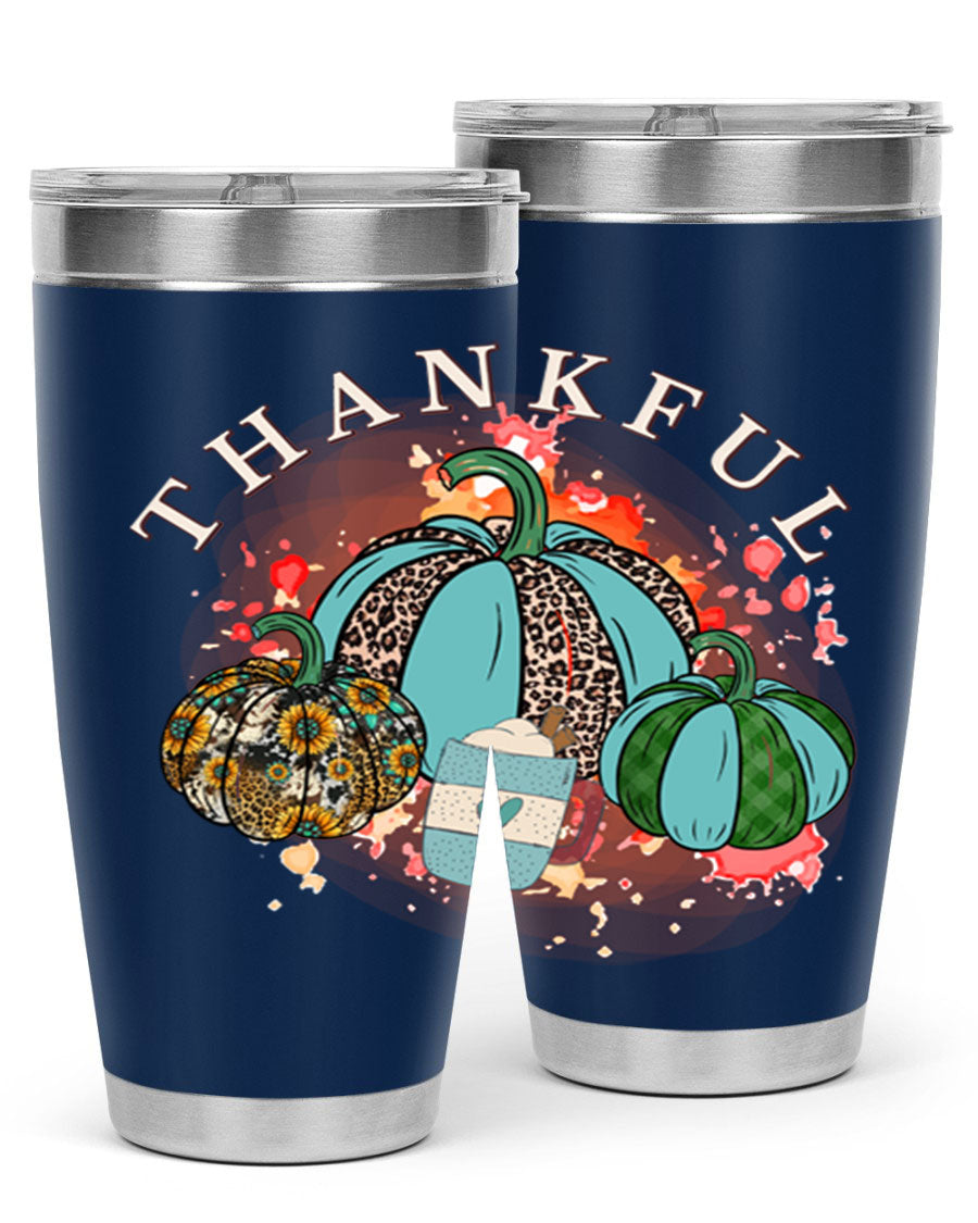 Happy Thanksgiving 20oz Tumbler made of stainless steel with a festive design, perfect for keeping drinks hot or cold.