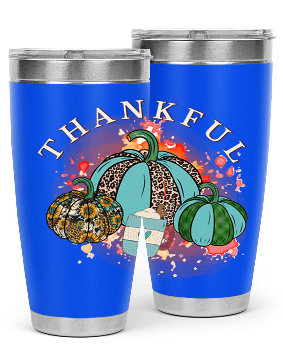 Happy Thanksgiving 20oz Tumbler made of stainless steel with a festive design, perfect for keeping drinks hot or cold.