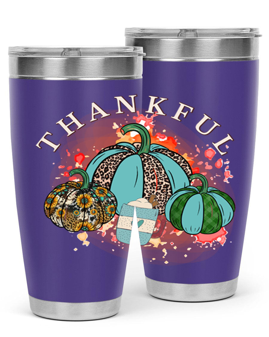Happy Thanksgiving 20oz Tumbler made of stainless steel with a festive design, perfect for keeping drinks hot or cold.