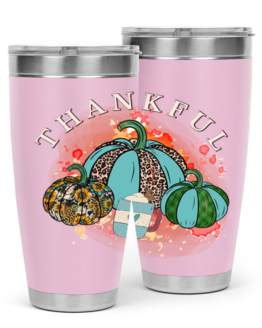 Happy Thanksgiving 20oz Tumbler made of stainless steel with a festive design, perfect for keeping drinks hot or cold.
