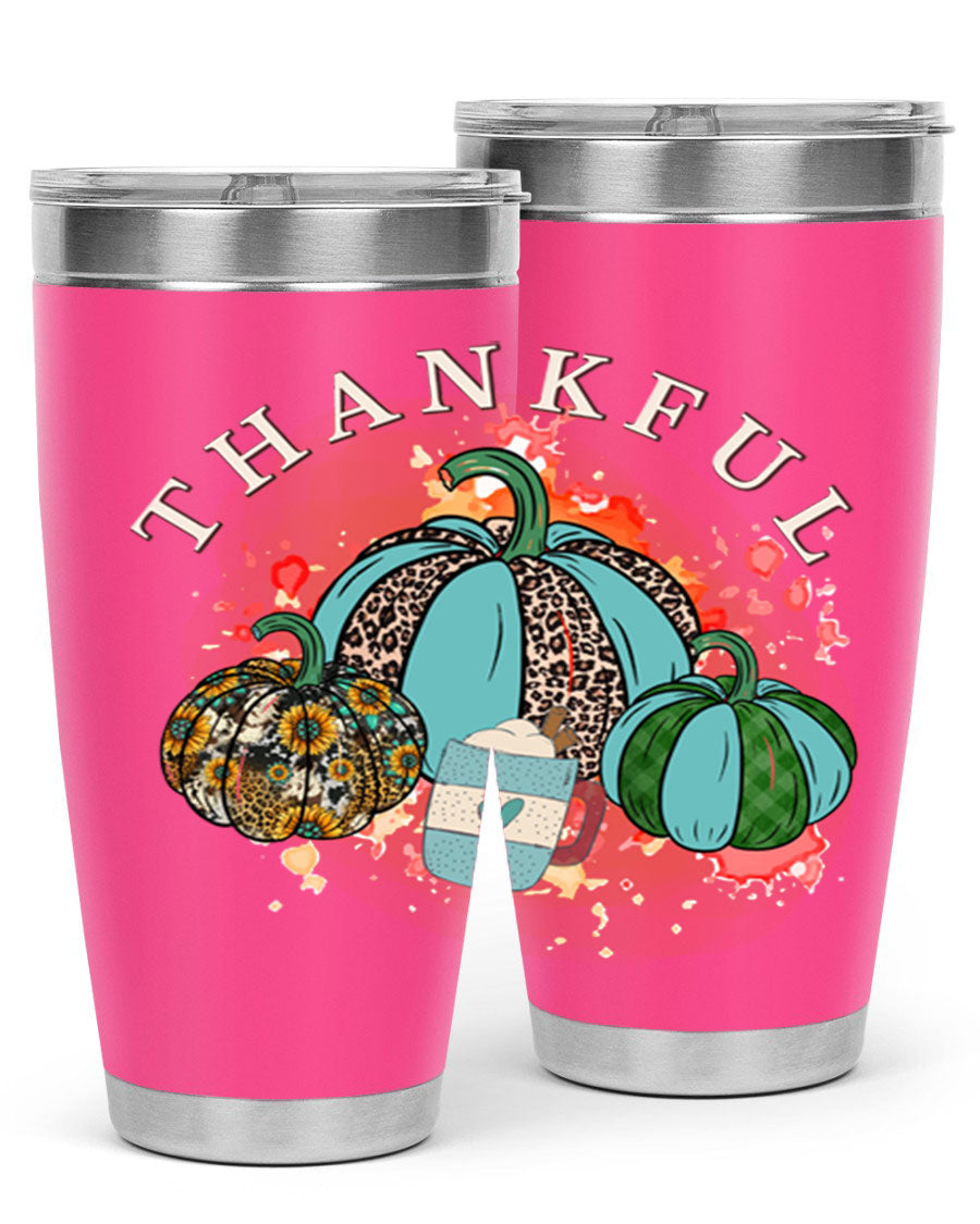 Happy Thanksgiving 20oz Tumbler made of stainless steel with a festive design, perfect for keeping drinks hot or cold.