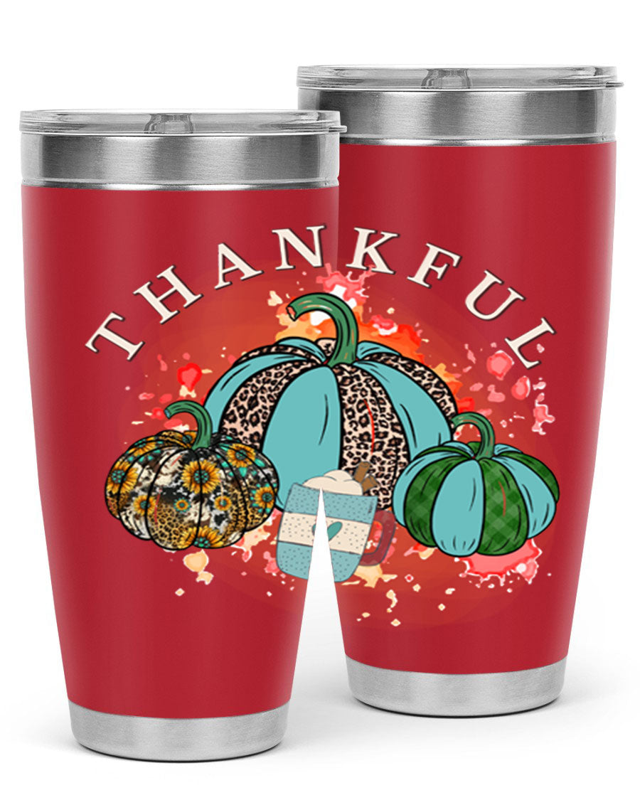 Happy Thanksgiving 20oz Tumbler made of stainless steel with a festive design, perfect for keeping drinks hot or cold.