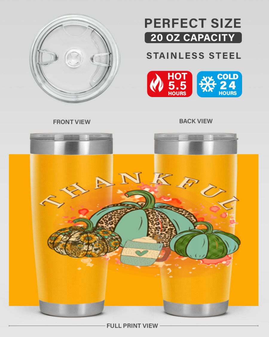 Happy Thanksgiving 20oz Tumbler made of stainless steel with a festive design, perfect for keeping drinks hot or cold.