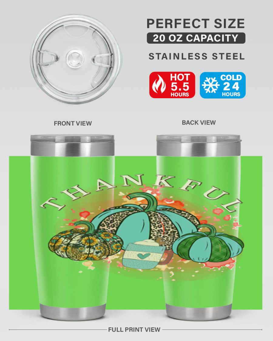 Happy Thanksgiving 20oz Tumbler made of stainless steel with a festive design, perfect for keeping drinks hot or cold.