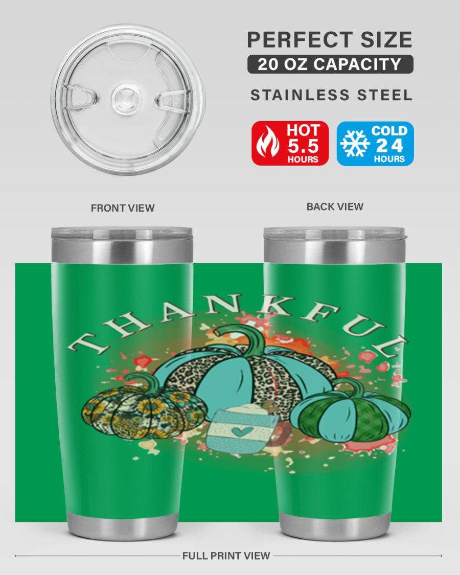 Happy Thanksgiving 20oz Tumbler made of stainless steel with a festive design, perfect for keeping drinks hot or cold.