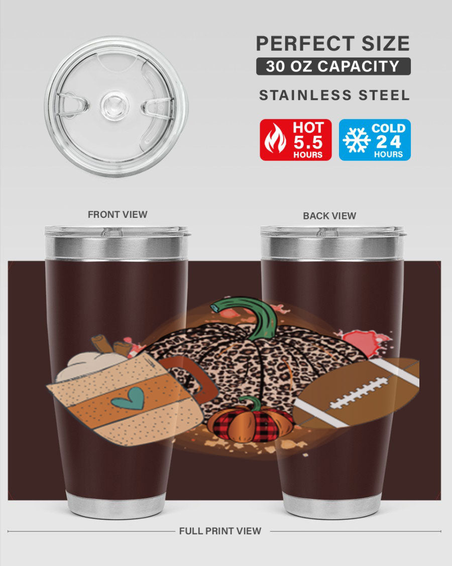 Happy Thanksgiving 250# tumbler in stainless steel with festive design, perfect for hot and cold beverages.