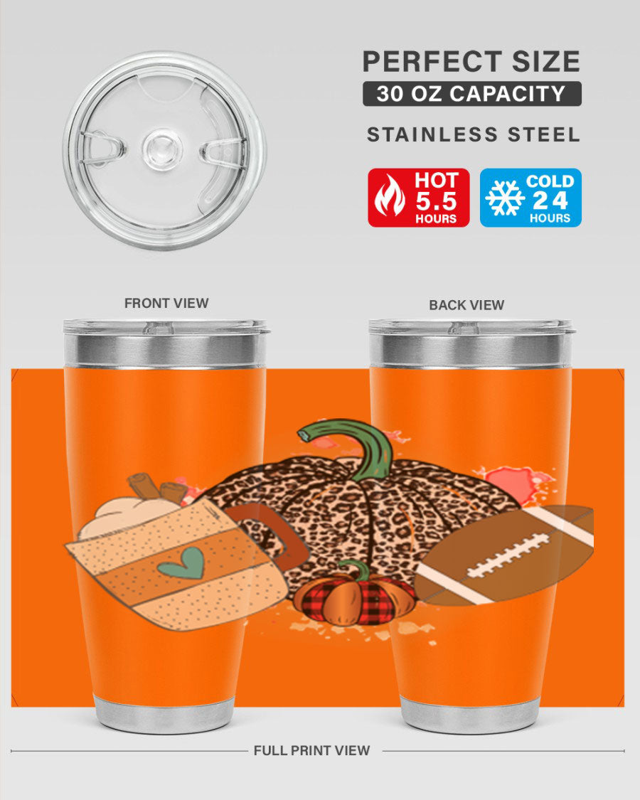 Happy Thanksgiving 250# tumbler in stainless steel with festive design, perfect for hot and cold beverages.