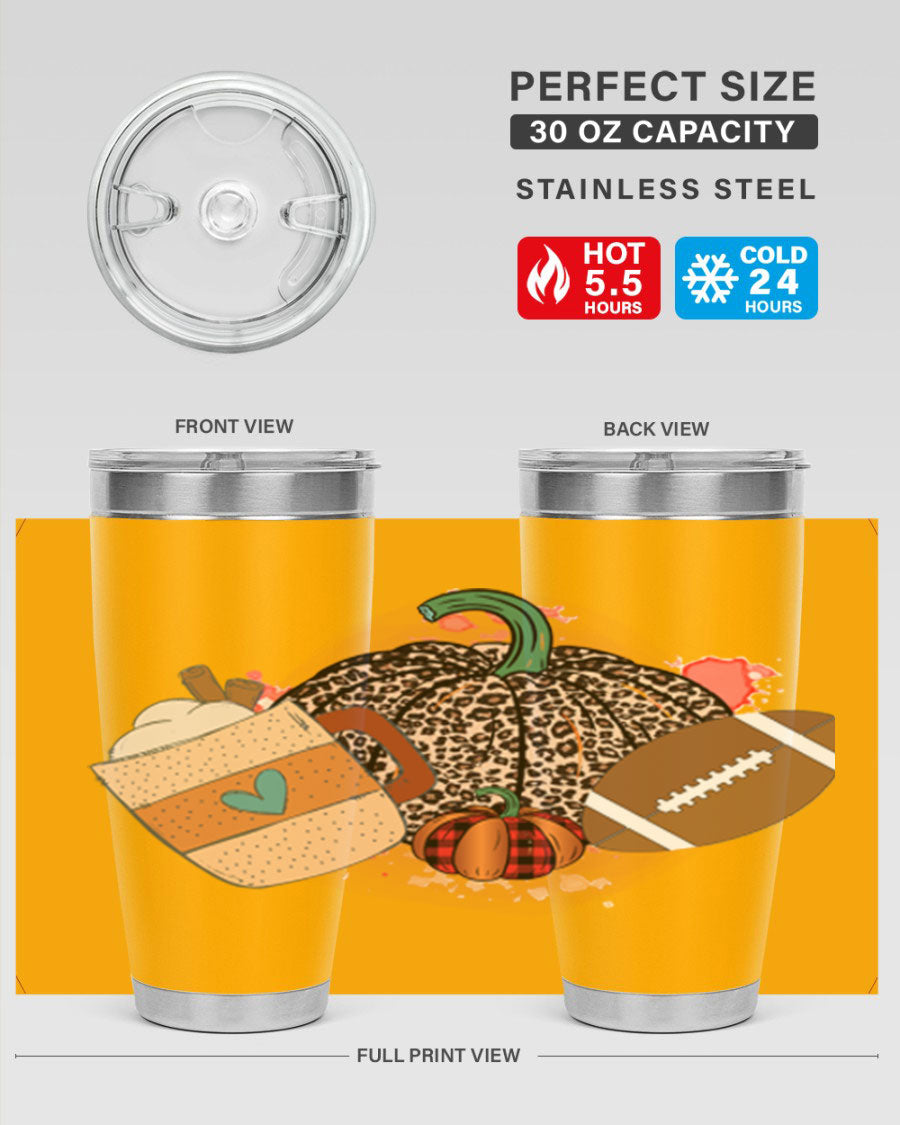 Happy Thanksgiving 250# tumbler in stainless steel with festive design, perfect for hot and cold beverages.