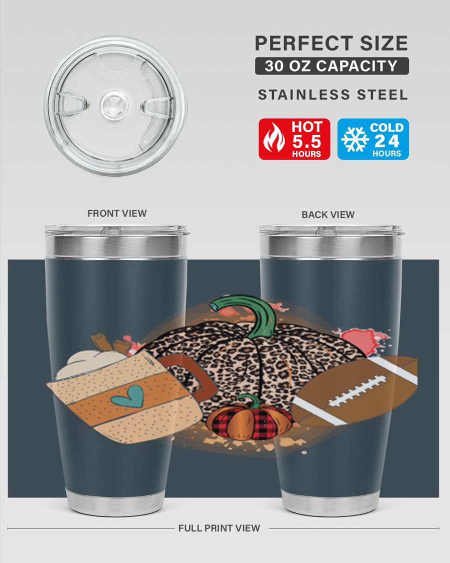 Happy Thanksgiving 250# tumbler in stainless steel with festive design, perfect for hot and cold beverages.