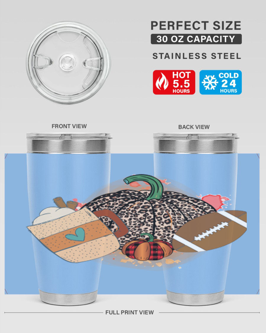Happy Thanksgiving 250# tumbler in stainless steel with festive design, perfect for hot and cold beverages.