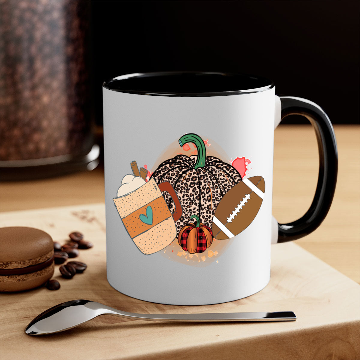 Happy Thanksgiving 250# Mug featuring a glossy finish, colored handle, and interior, available in five colors.