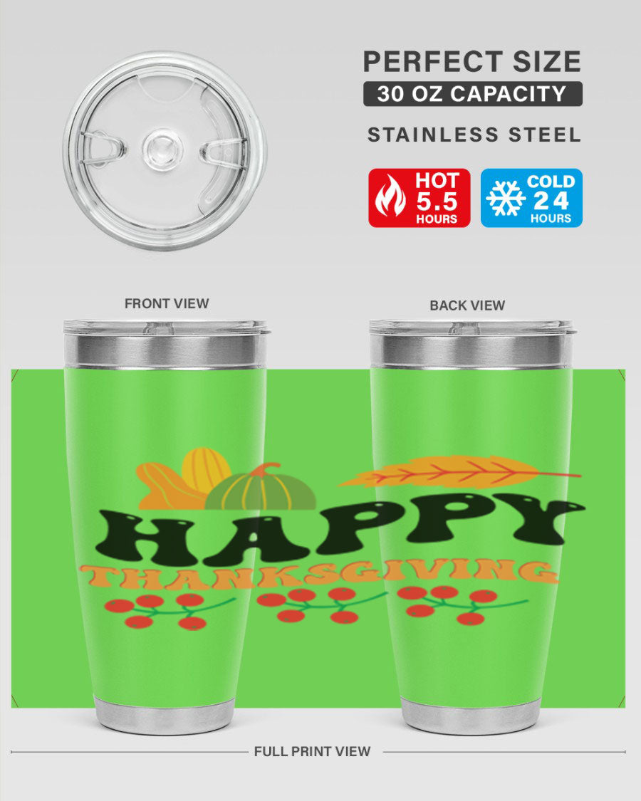 Happy Thanksgiving 251# Tumbler in 20oz and 30oz sizes, showcasing double wall vacuum stainless steel design with festive Thanksgiving print.