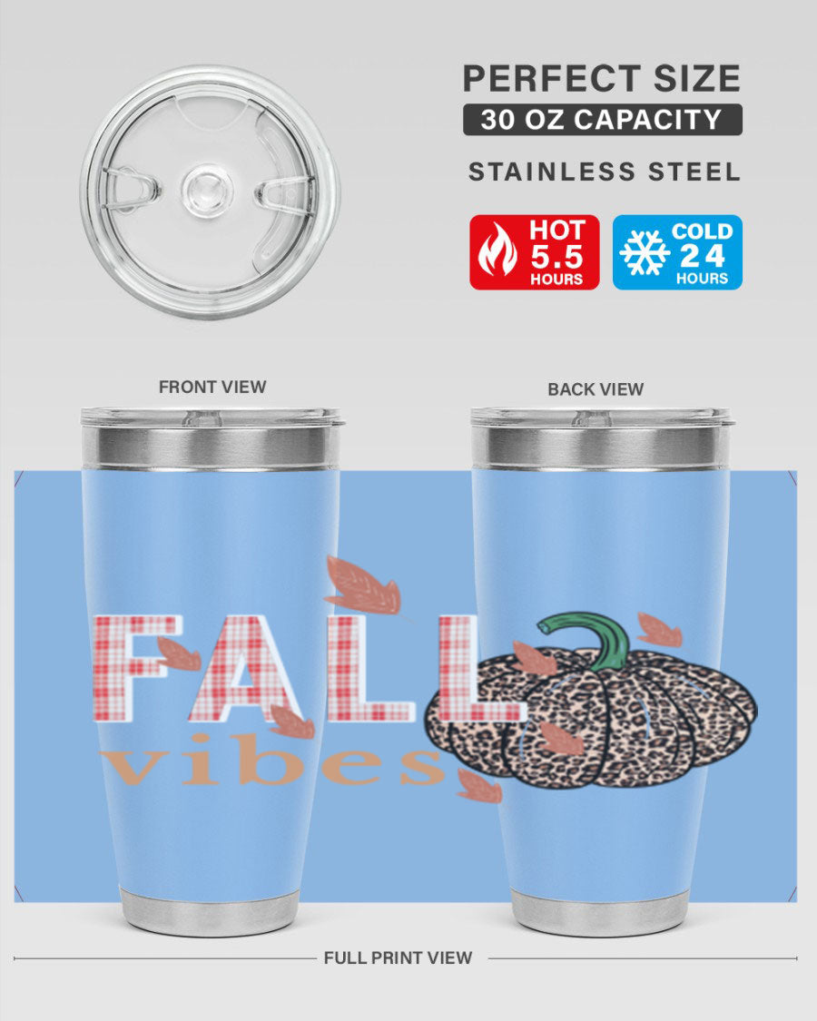 Happy Thanksgiving 252# tumbler in 20oz and 30oz sizes, showcasing double wall vacuum stainless steel design with festive Thanksgiving print.