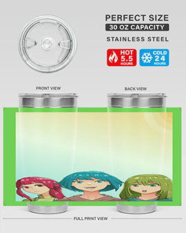 Happy Three Friend 20# Anime Tumbler featuring vibrant anime characters, double wall vacuum stainless steel design, and a convenient drink-thru lid.