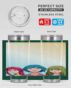 Happy Three Friend 20# Anime Tumbler featuring vibrant anime characters, double wall vacuum stainless steel design, and a convenient drink-thru lid.