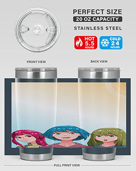 Happy Three Friend 20# Anime Tumbler featuring vibrant anime characters, double wall vacuum stainless steel design, and a convenient drink-thru lid.